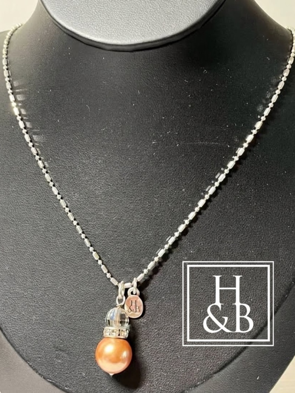 Hillberg & Berk dashes & dots chain, H&B tag and Swarovski Crystal & Pearl.